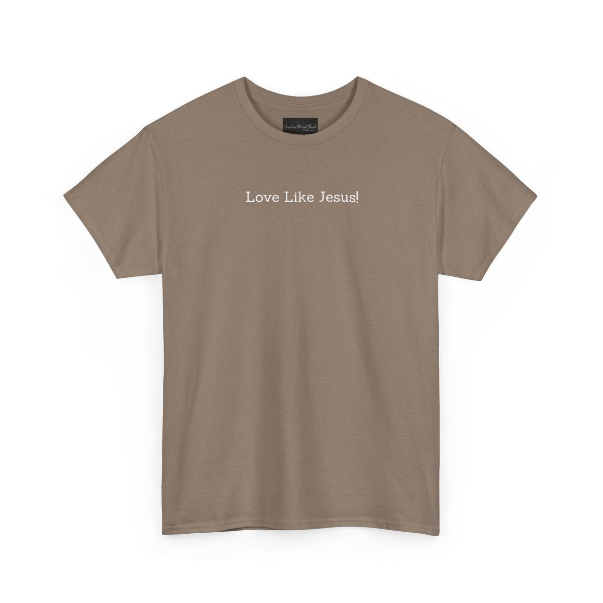 On the front of this custom Christian short sleeve shirt are the words Love Like Jesus in a modern font on the top of the shirt.