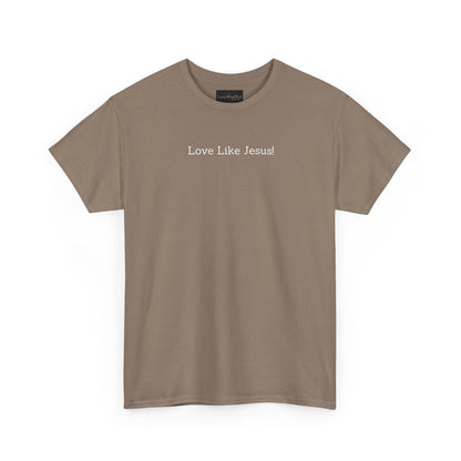 On the front of this custom Christian short sleeve shirt are the words Love Like Jesus in a modern font on the top of the shirt.