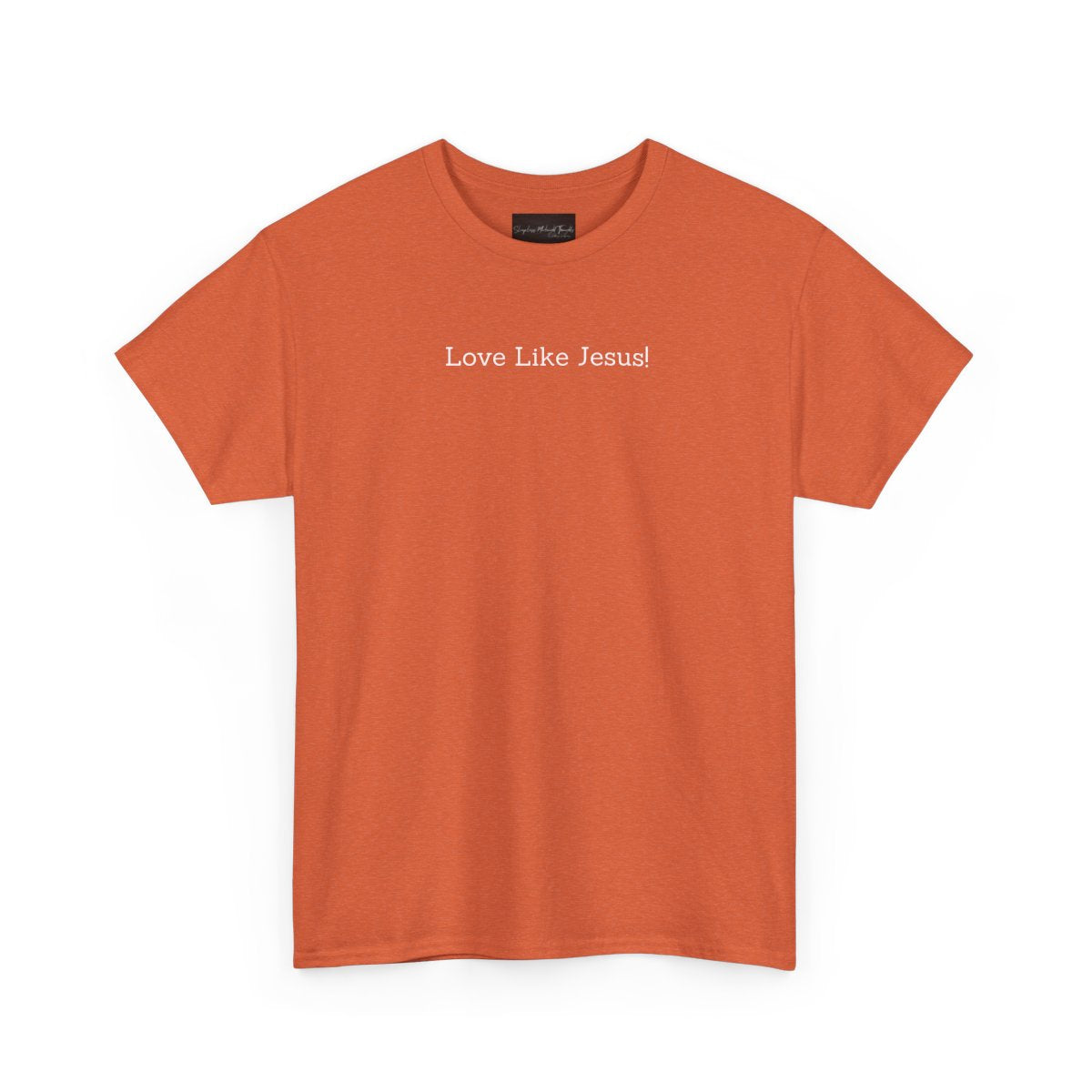 On the front of this custom Christian short sleeve shirt are the words Love Like Jesus in a modern font on the top of the shirt.