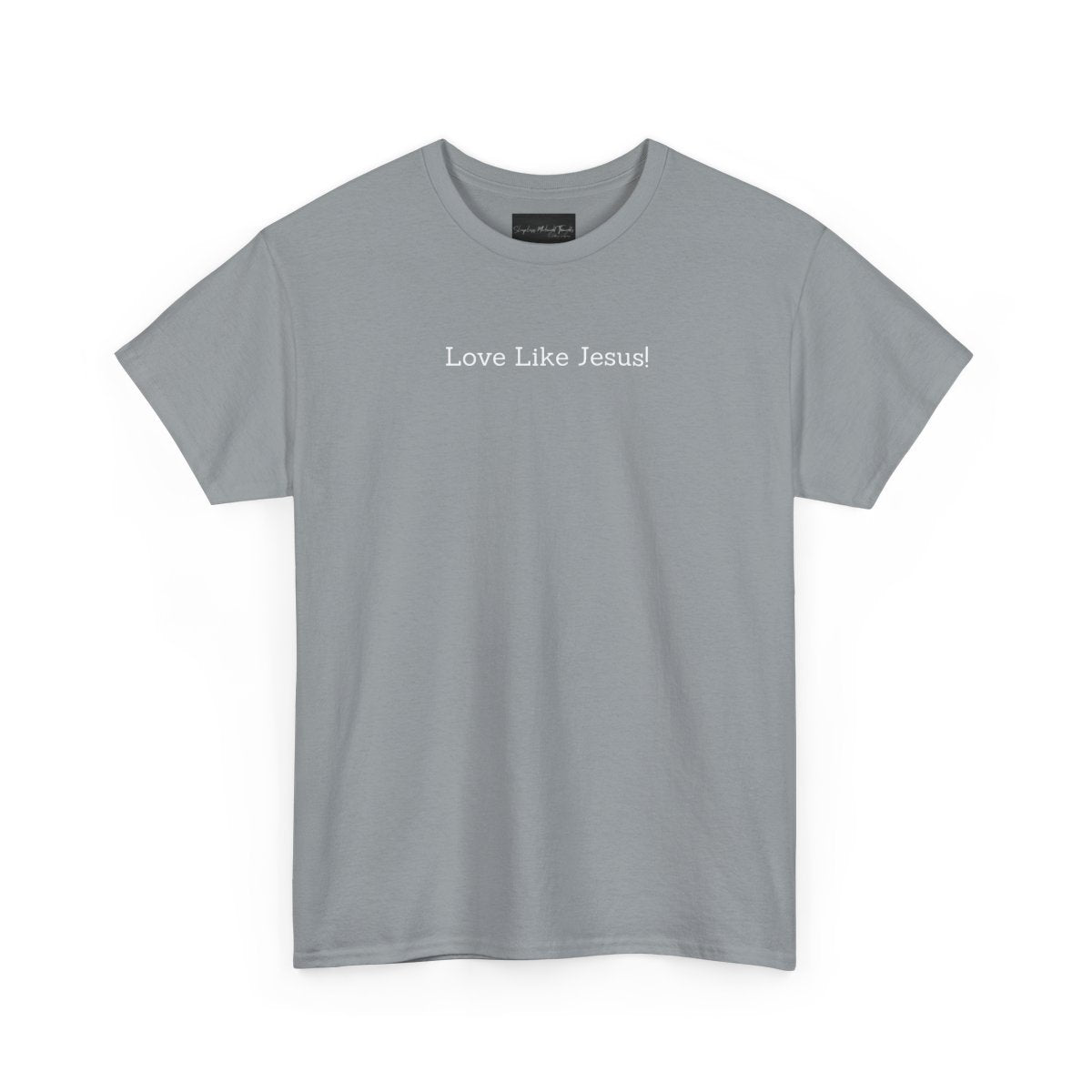On the front of this custom Christian short sleeve shirt are the words Love Like Jesus in a modern font on the top of the shirt.