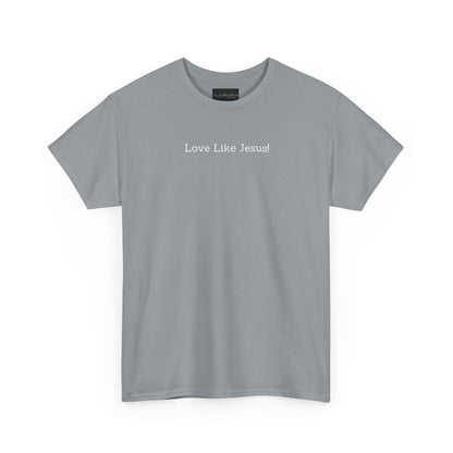 On the front of this custom Christian short sleeve shirt are the words Love Like Jesus in a modern font on the top of the shirt.