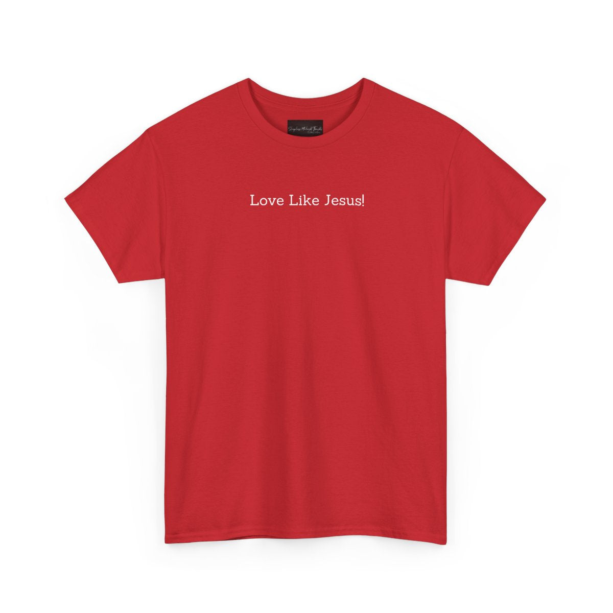 On the front of this custom Christian short sleeve shirt are the words Love Like Jesus in a modern font on the top of the shirt.