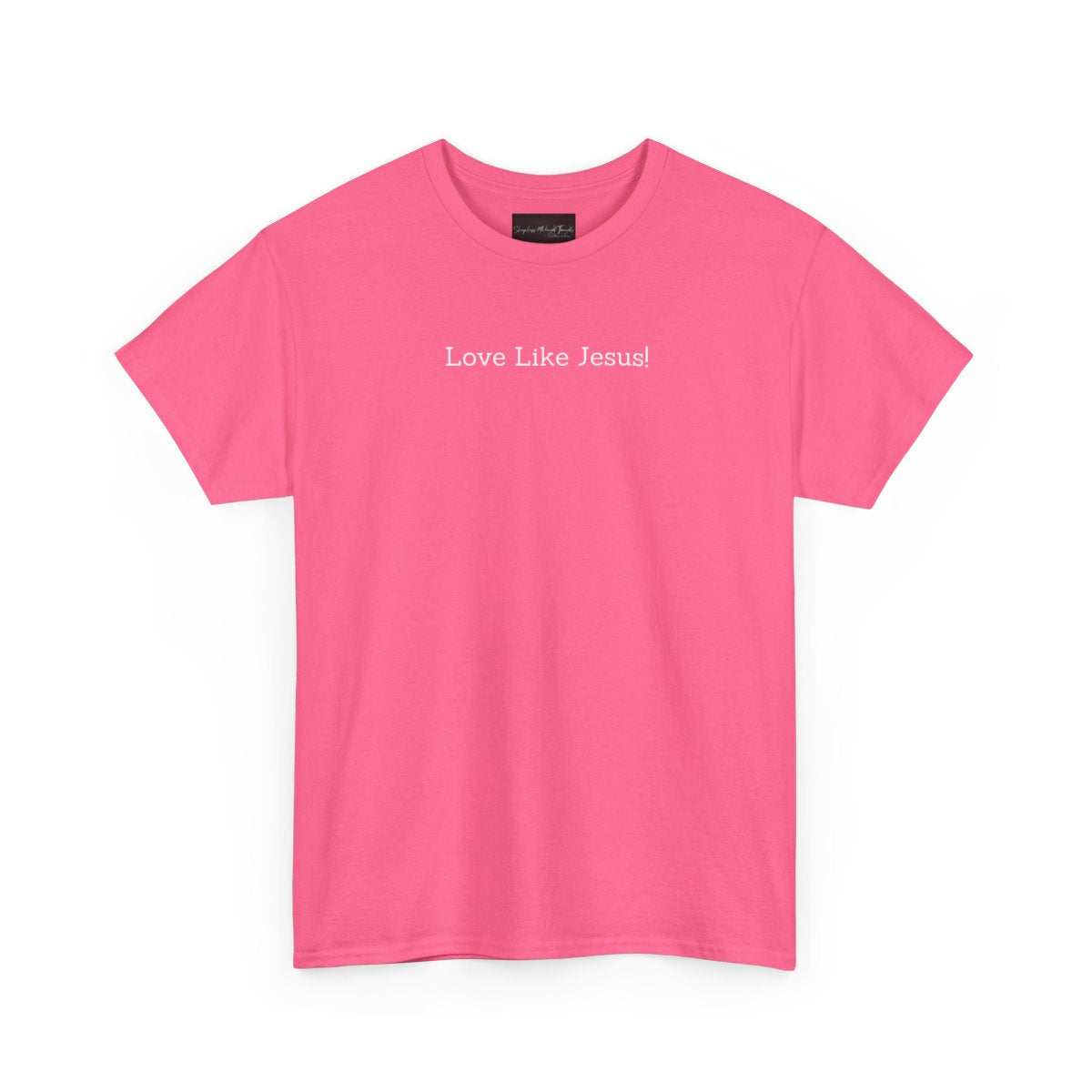 On the front of this custom Christian short sleeve shirt are the words Love Like Jesus in a modern font on the top of the shirt.