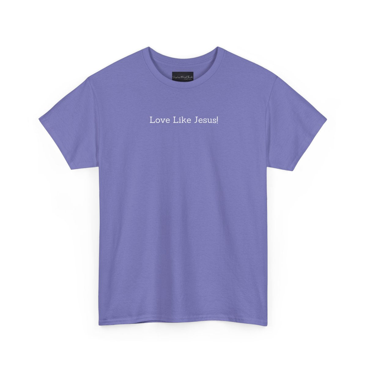 On the front of this custom Christian short sleeve shirt are the words Love Like Jesus in a modern font on the top of the shirt.