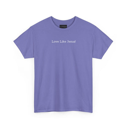 On the front of this custom Christian short sleeve shirt are the words Love Like Jesus in a modern font on the top of the shirt.