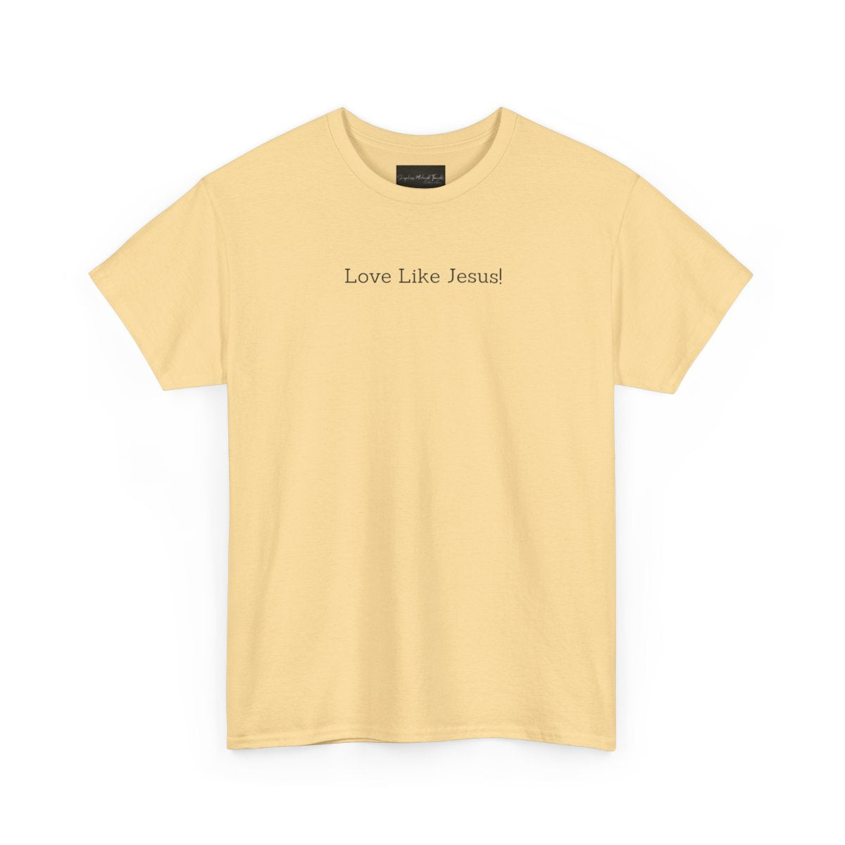 On the front of this custom Christian short sleeve shirt are the words Love Like Jesus in a modern font on the top of the shirt.