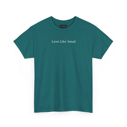 On the front of this custom Christian short sleeve shirt are the words Love Like Jesus in a modern font on the top of the shirt.