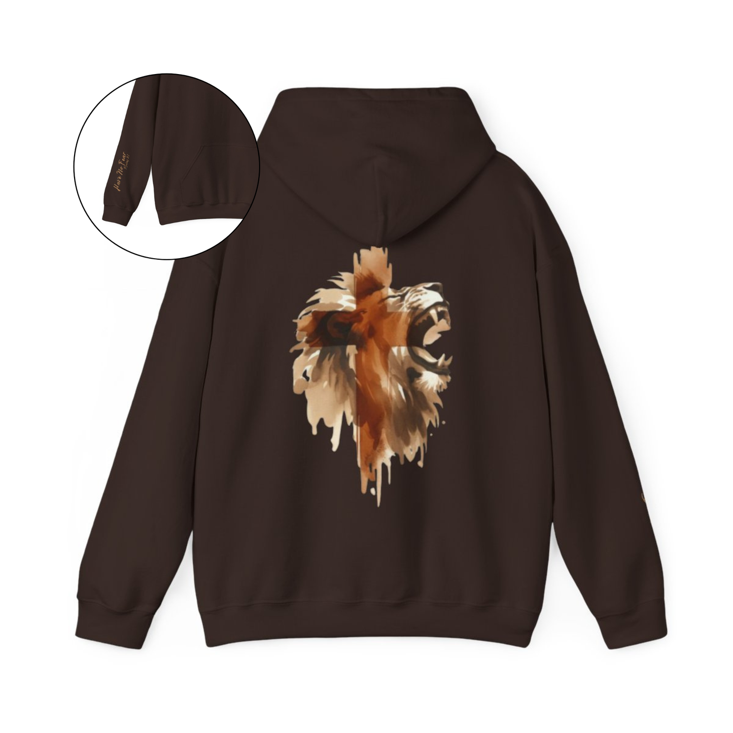 This custom Christian unisex hoodie features a image of a majestic male lion roaring with a Jesus cross overlayed overtop of the lion on the back of the hoodie, the bible verse Have No Fear Psalms 27:1 is on the right sleeve in gold cursive font.