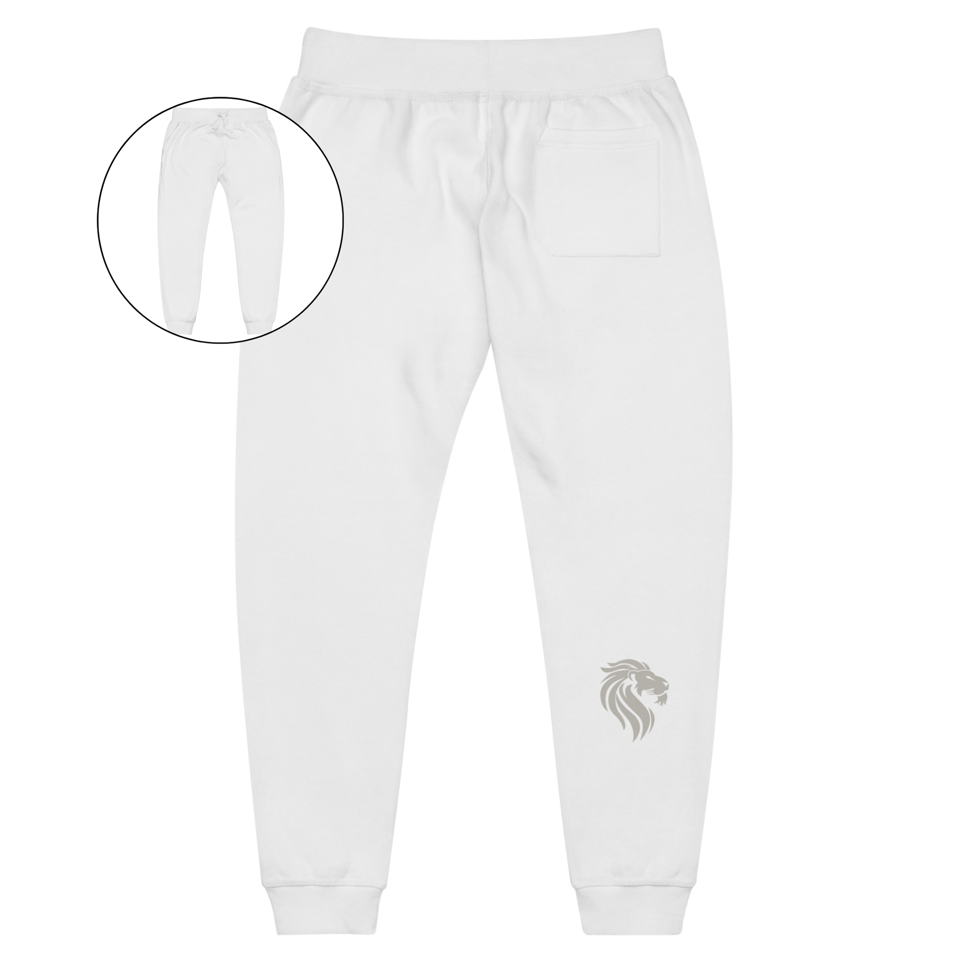 A pair of super soft custom unisex fleece sweatpants with a male lion head on the back calf of the right leg embroidered in silver.
