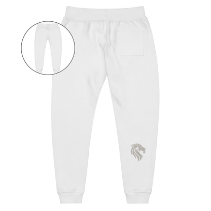 A pair of super soft custom unisex fleece sweatpants with a male lion head on the back calf of the right leg embroidered in silver.