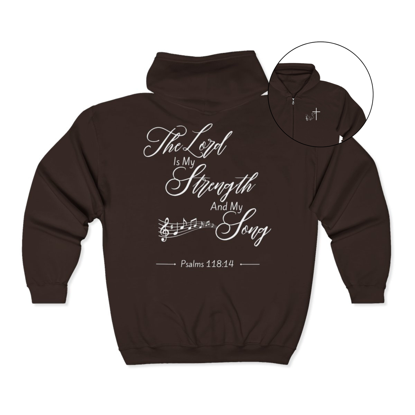 On the front of this custom Christian zip up sweater is a Jesus cross with music notes on the right chest, on the back of the sweater is the scripture the Lord is my strength and my song Psalms 118:14 with music notes underneath the writing.