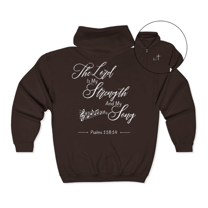 On the front of this custom Christian zip up sweater is a Jesus cross with music notes on the right chest, on the back of the sweater is the scripture the Lord is my strength and my song Psalms 118:14 with music notes underneath the writing.