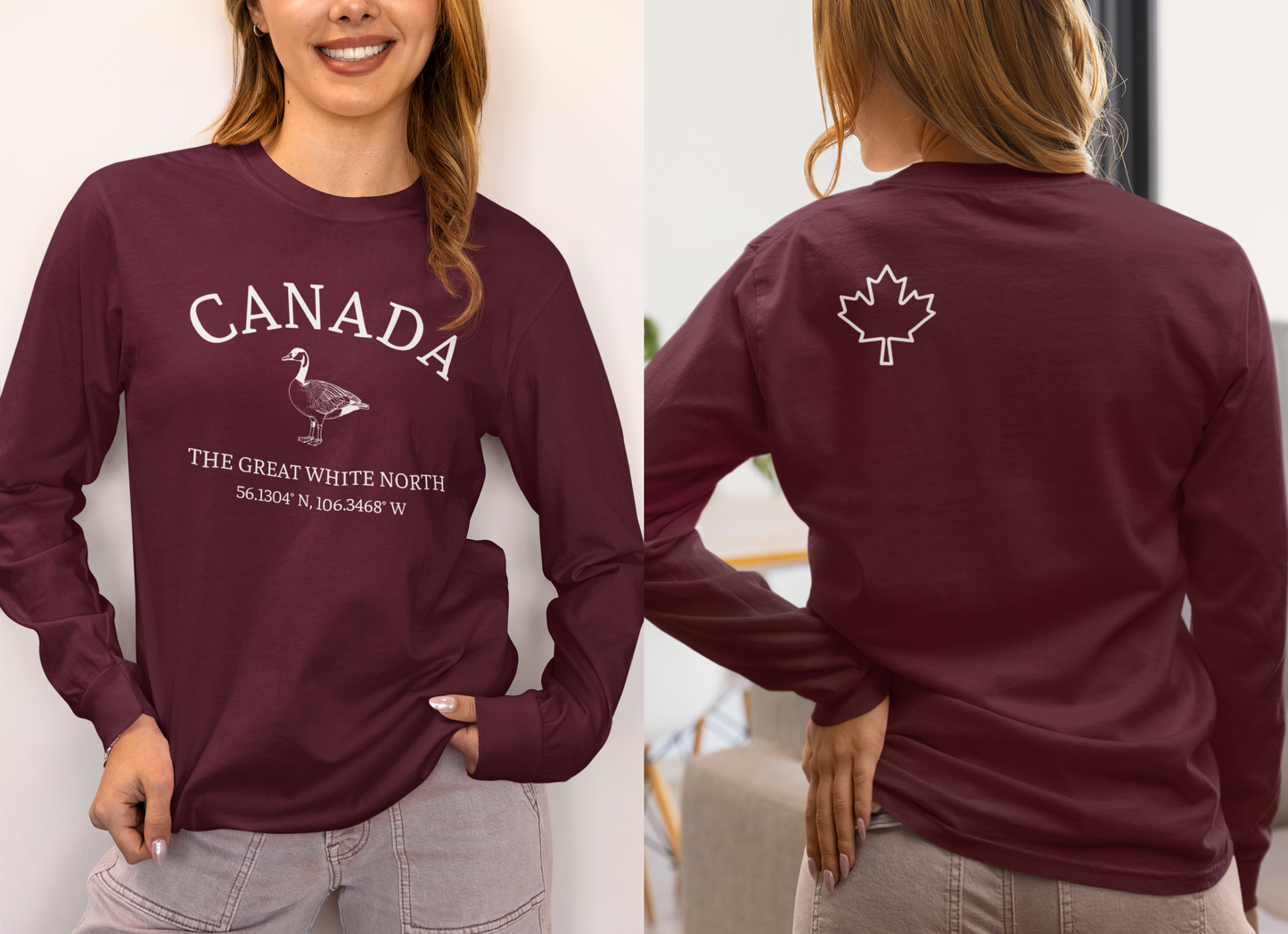 This custom Canadian made unisex long sleeve t-shirt features a Canadian goose on the front in the center of the shirt with the words 'Canada'  above it and 'The Great White North' under the goose, on the back left shoulder blade of the long sleeve shirt is a maple leaf.