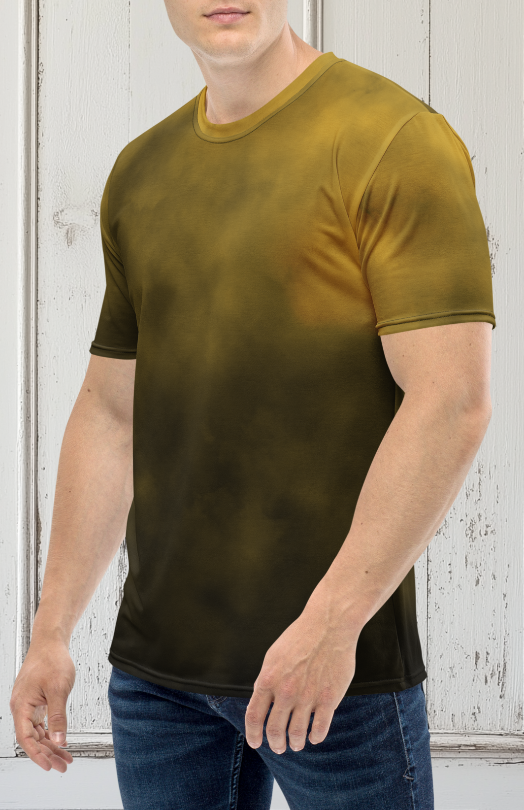 This custom men's short sleeve shirt is all black with gold clouds on the top that fades to the bottom giving the shirt a completely custom design.