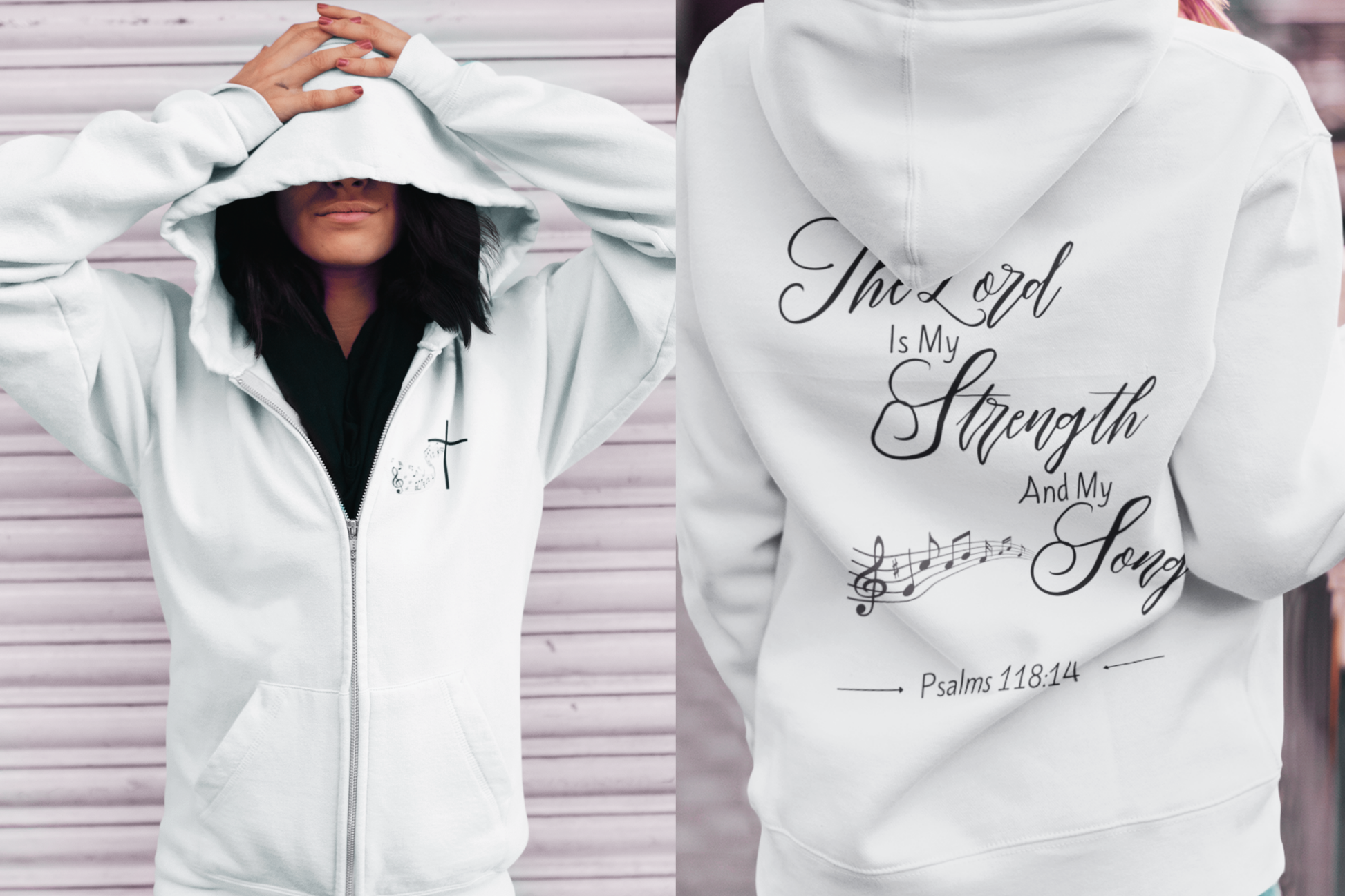 On the front of this custom Christian zip up sweater is a Jesus cross with music notes on the right chest, on the back of the sweater is the scripture the Lord is my strength and my song Psalms 118:14 with music notes underneath the writing.