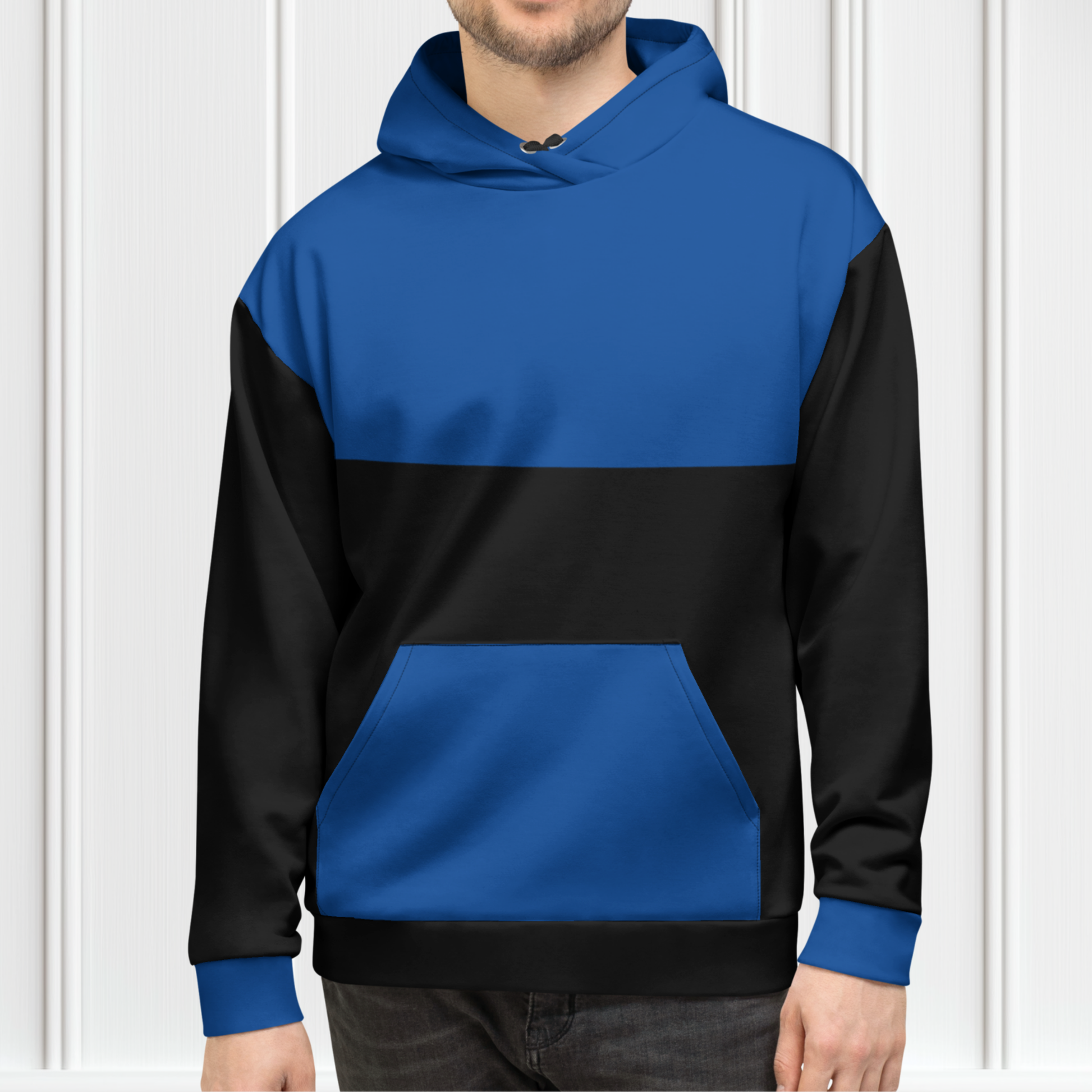 A custom unisex hand sewn hoodie with the top half along with the front pocket being a bright blue color, the rest of the hoodie is black in color,