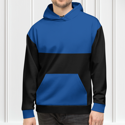 A custom unisex hand sewn hoodie with the top half along with the front pocket being a bright blue color, the rest of the hoodie is black in color,
