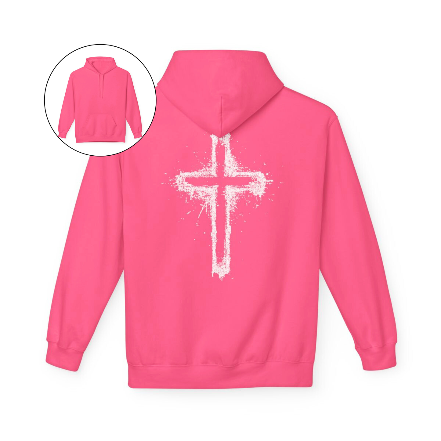 On the back of this Christian hoodie is a large spray painted Jesus cross that takes up the entire back of the sweater.