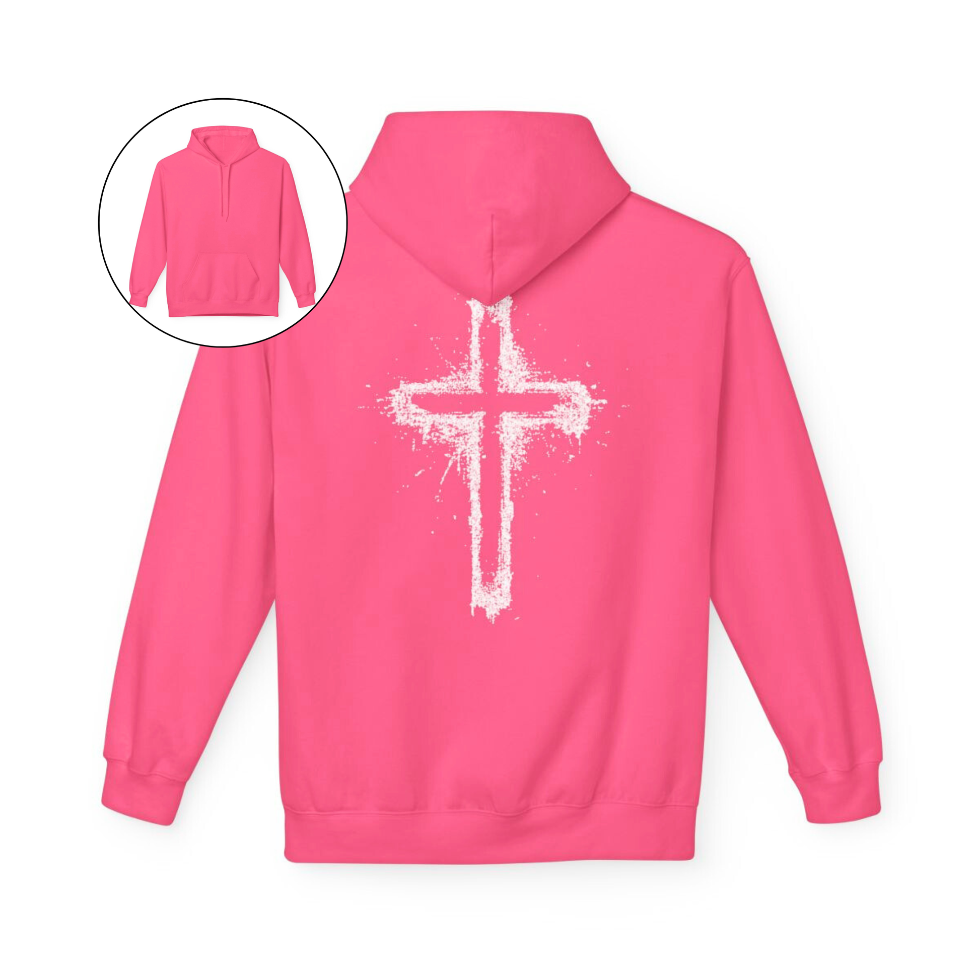 On the back of this Christian hoodie is a large spray painted Jesus cross that takes up the entire back of the sweater.