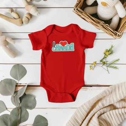 On the front of this custom baby onesie are the words I Love Canada in large bubble letters with the  word love being a heart, the image has a retro look to it.