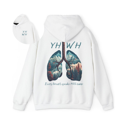 This custom Christian unisex hoodie features the letters YHWH on the front chest in light blue writing, and an image of lungs filled with a nature scene on the back with the words every breath speaks HIS name in the same color blue as the front.