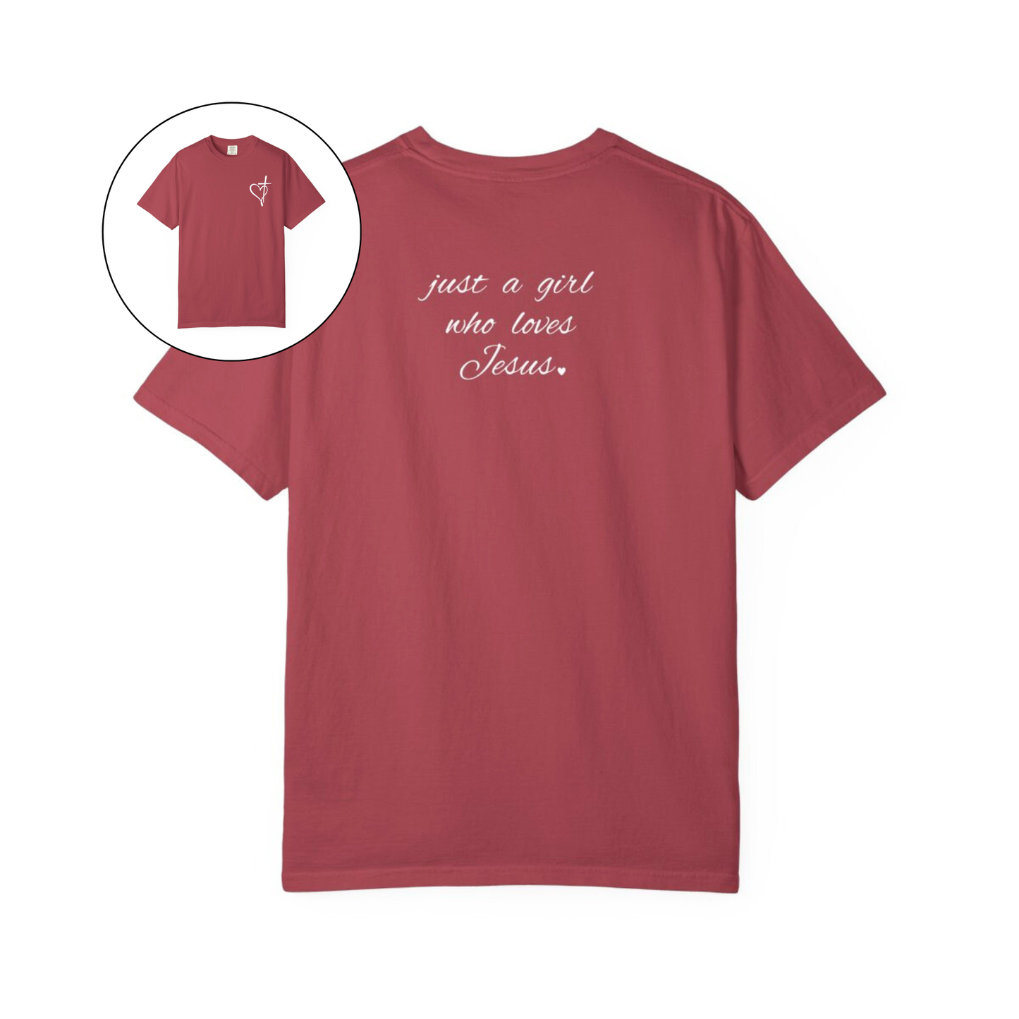 On the front of this custom women's Christian t-shirt is a heart with a cross through it, on the back top of the shirt right between the shoulder blades are the words just a girl who loves Jesus in a cursive writing.