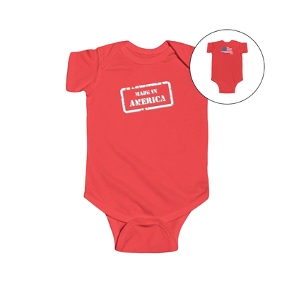 On the front of this custom baby onesie are the words Made In America in a rectangular box that makes it look like a stamp, on the back of this bodysuit is the American flag.