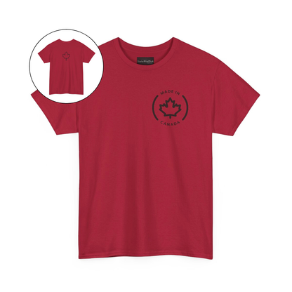 On the front of this custom short sleeve shirt is a circle on the upper left chest of the shirt with the words Made In Canada with a maple leaf in the middle, on the back of the shirt is a maple leaf right in between the shoulder blades.
