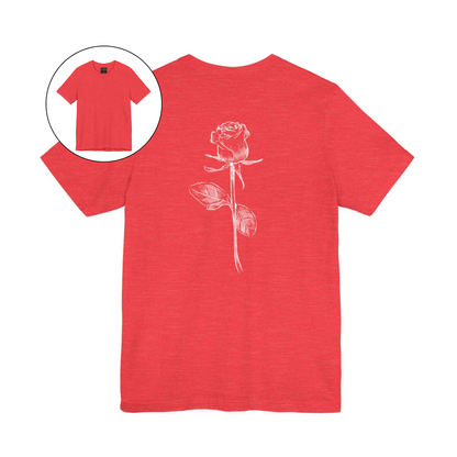 On the back of this custom women's short sleeve shirt is a large rose from the top to the bottom in the center of the back.
