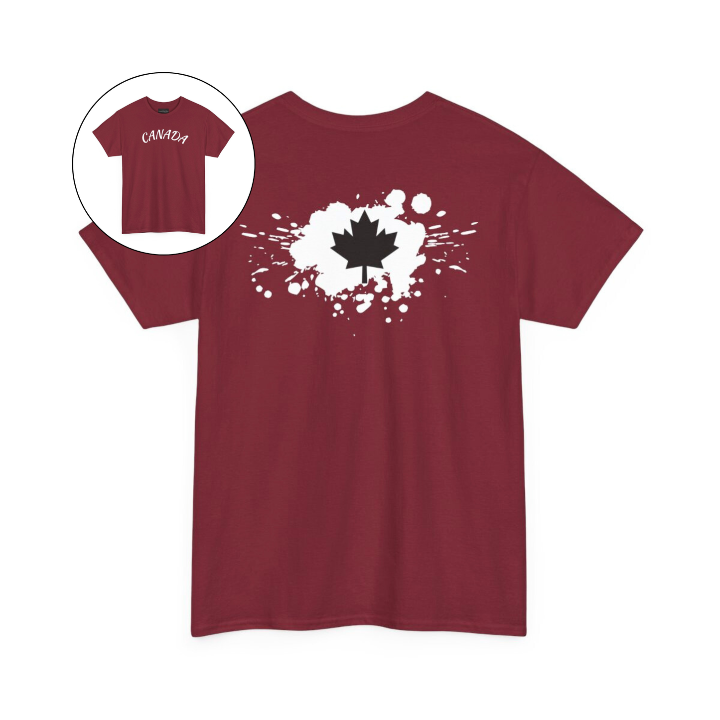On the front of this custom short sleeve shirt is the word Canada in large letters across the chest, on the back of the shirt in between the shoulder blades is a large paint splatter with a maple leaf in the middle.