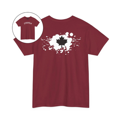 On the front of this custom short sleeve shirt is the word Canada in large letters across the chest, on the back of the shirt in between the shoulder blades is a large paint splatter with a maple leaf in the middle.