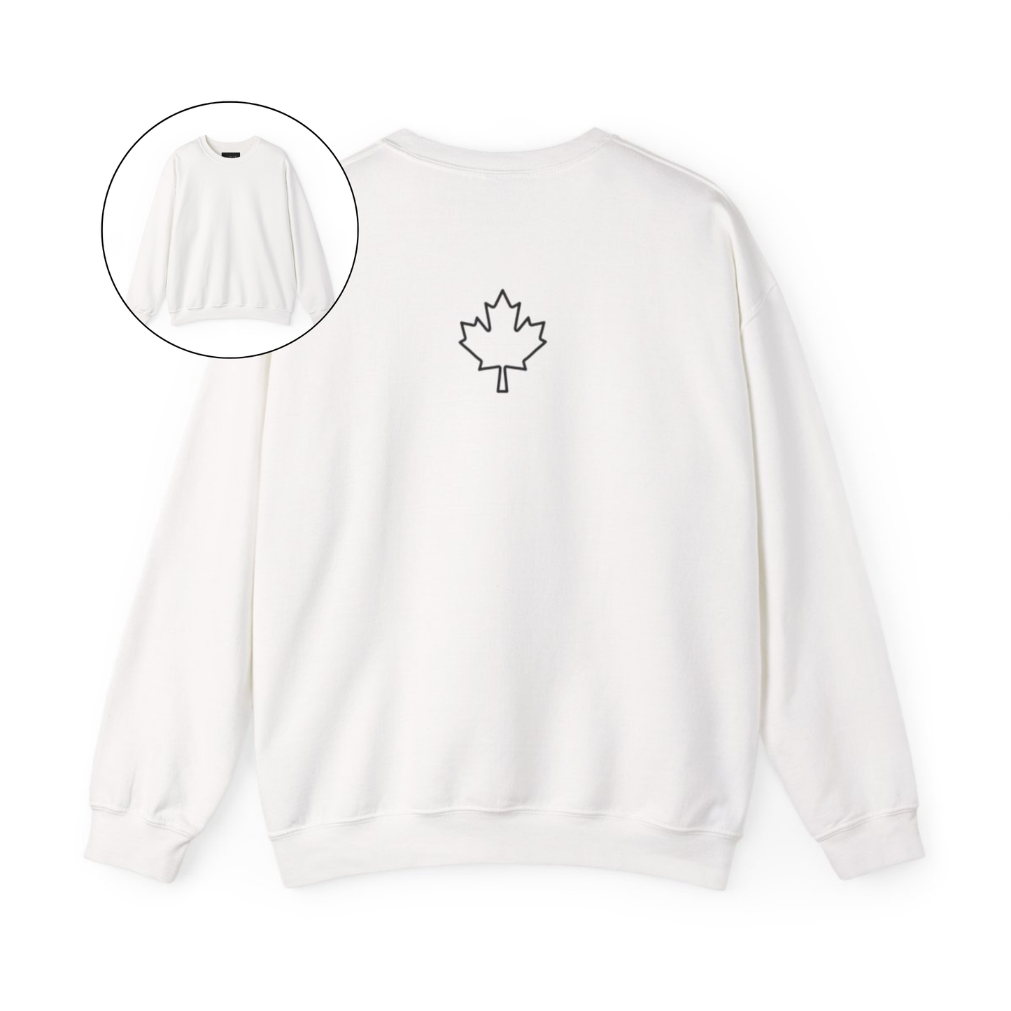 On the back of this custom Canadian pullover sweatshirt is a maple leaf that is right in between the shoulder blades, the front of the sweater is blank.