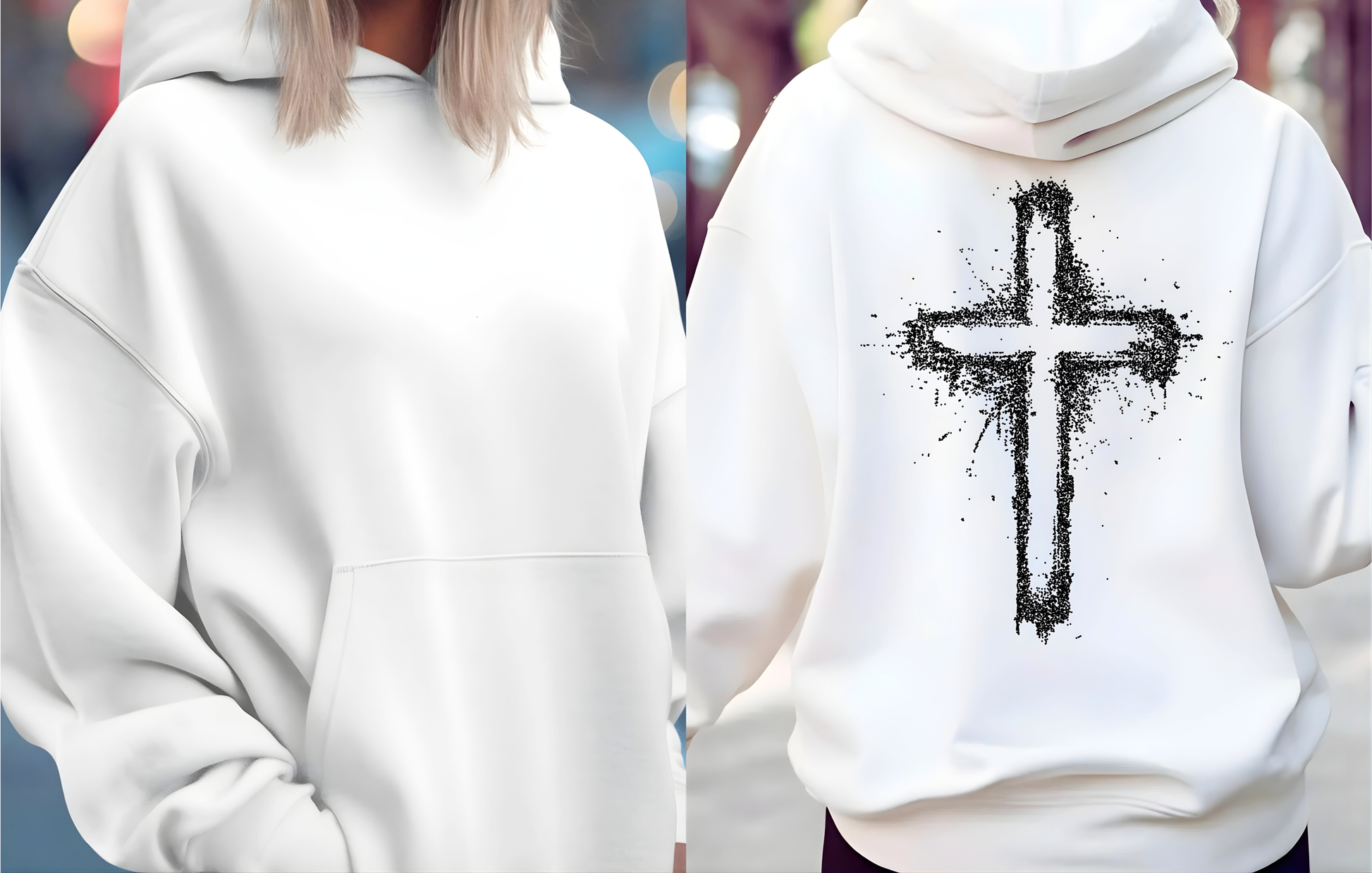 On the back of this Christian hoodie is a large spray painted Jesus cross that takes up the entire back of the sweater.