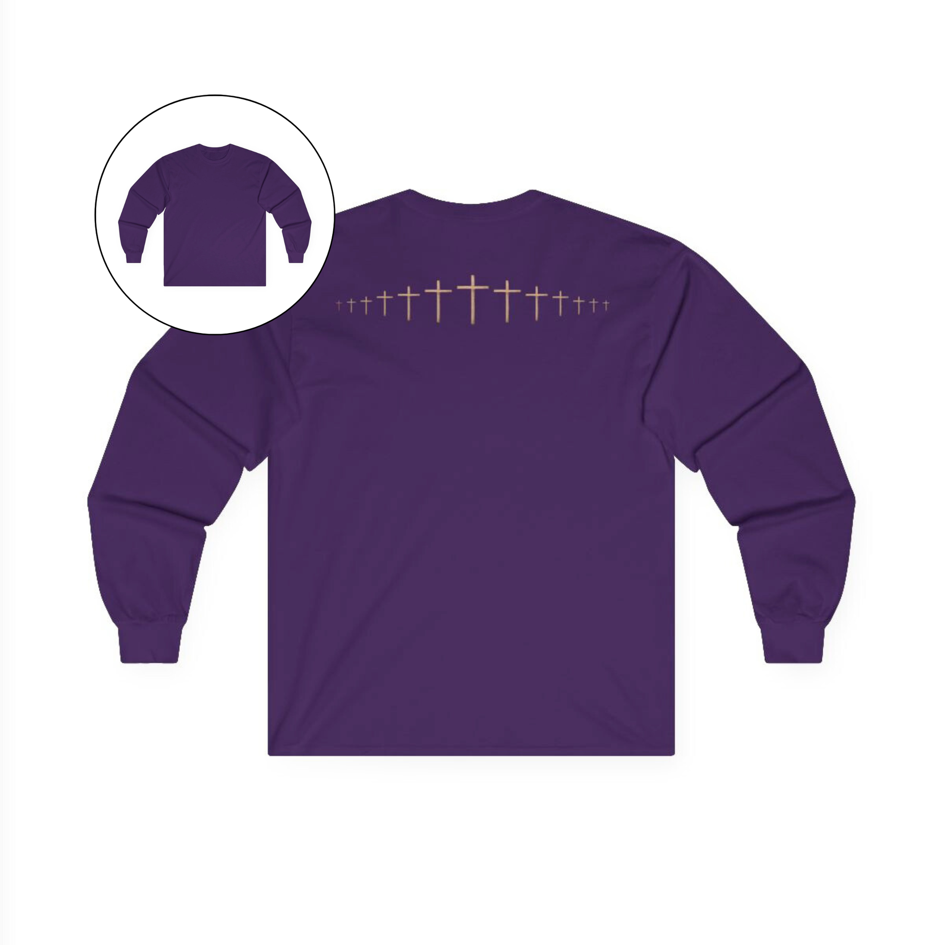 On the back of this purple colored Christian long sleeve shirt is a large wooden Jesus cross in between the shoulder blades, the Jesus cross then keeps getting smaller and smaller till it fades right off the shirt giving it a amazing 3D look on the back.