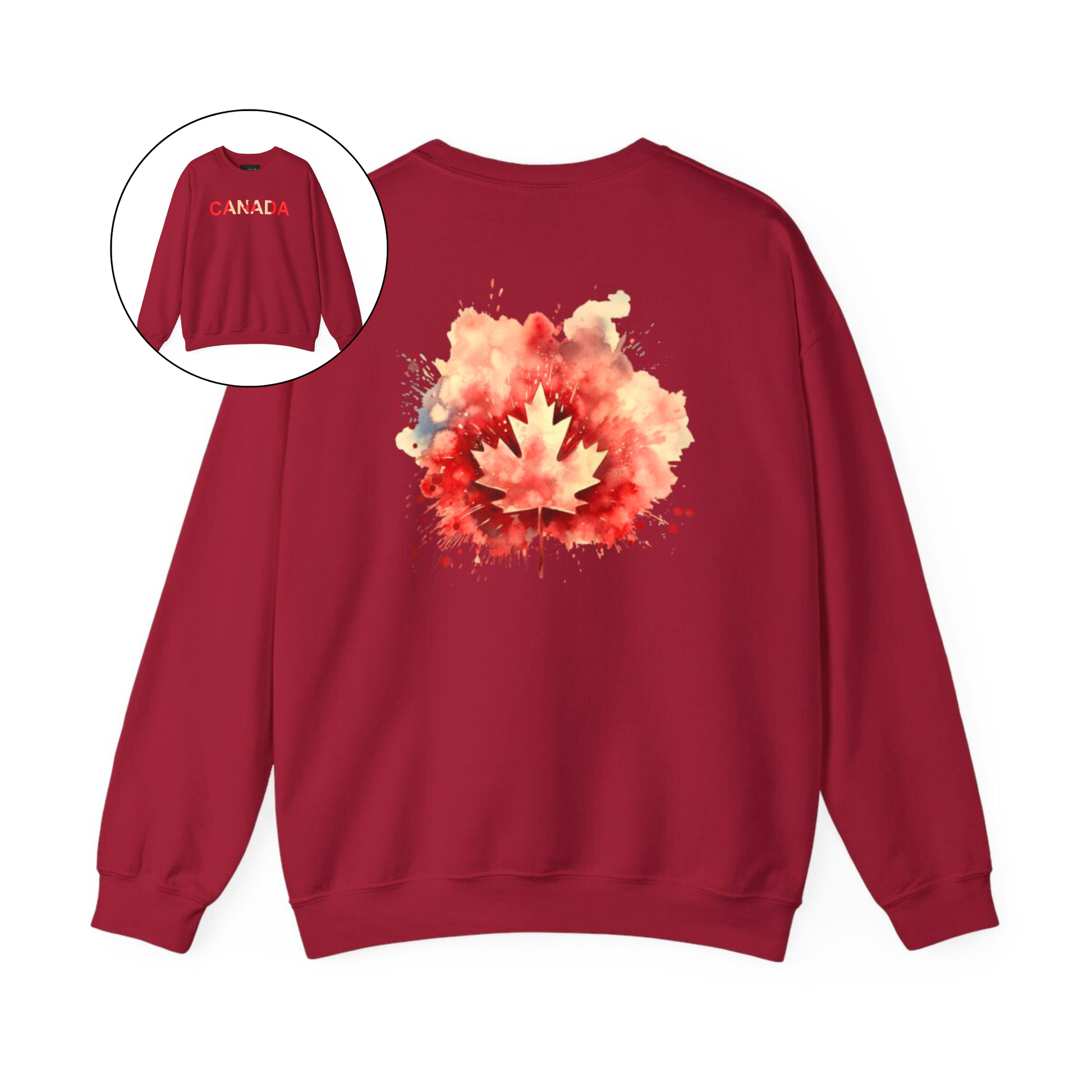 On the front of this Canadian pride pullover sweater is Canada in red and beige letters with a maple leaf in the middle, on the back of the sweater is a large maple leaf that looks like it has been spray painted onto the sweater in red and beige.