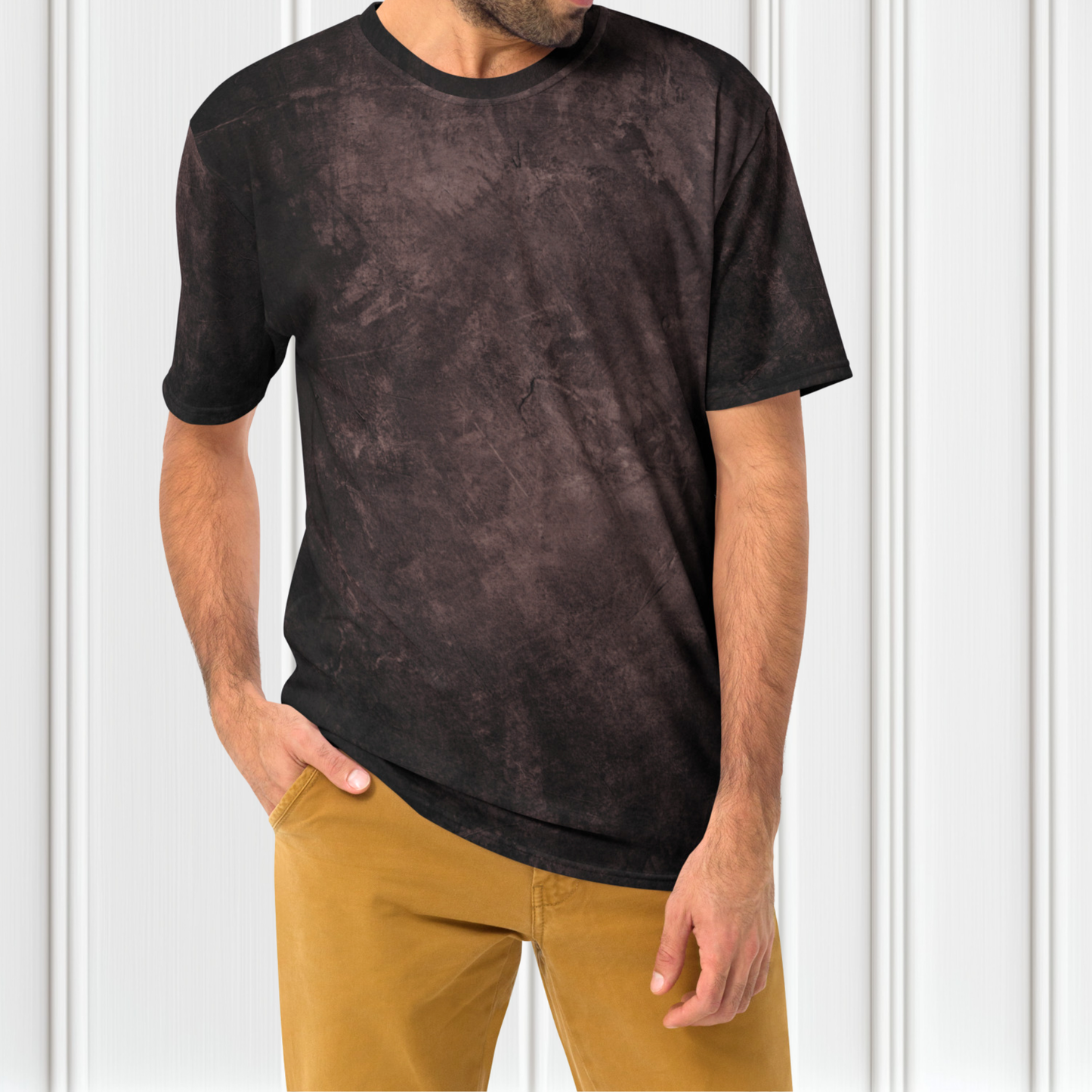 This super soft custom men's handmade short sleeve shirt has a washed brown pattern, there are different shades of brown throughout the entire shirt.
