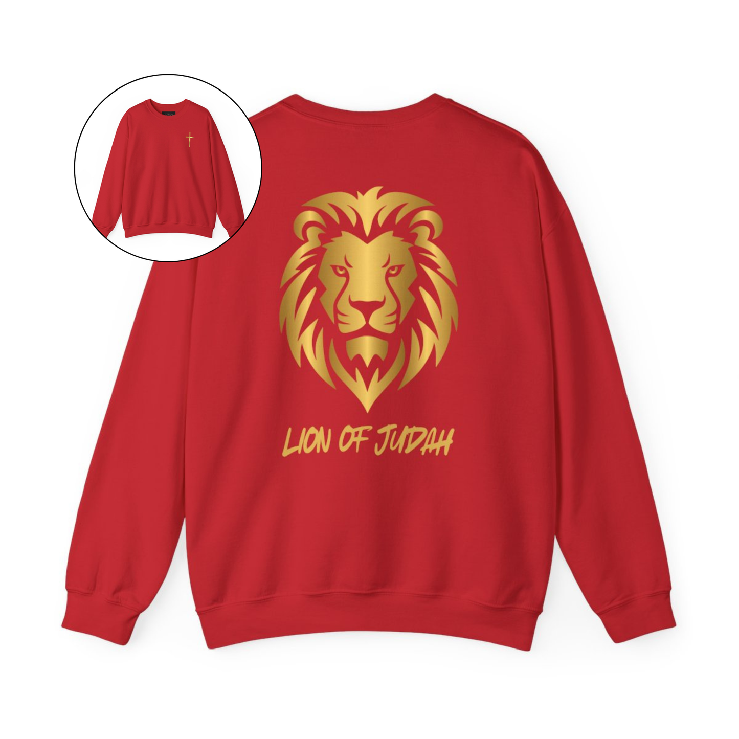 On the front of this custom Christian sweater is a gold Jesus cross on the front left chest, on the back of the pullover is a large gold male lion head with the words Lion of Judah in gold underneath the animal head.