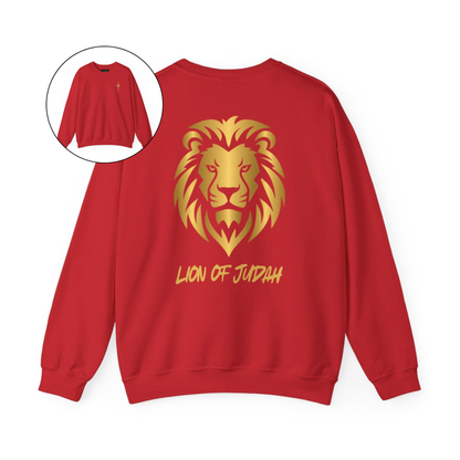 On the front of this custom Christian sweater is a gold Jesus cross on the front left chest, on the back of the pullover is a large gold male lion head with the words Lion of Judah in gold underneath the animal head.