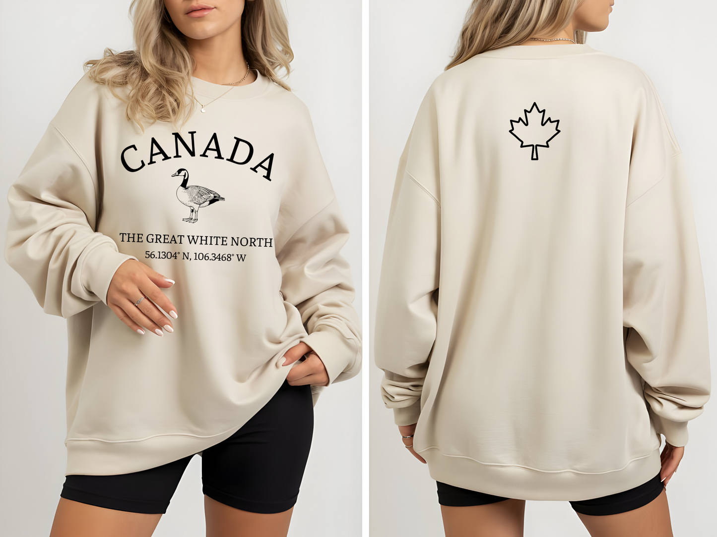 On the front of this unisex super soft Canadian sweatshirt is the word Canada in large text on the top with an image of a Canadian Goose underneath. Under the Goose are the words The Great White North with Canada's geological location under that.