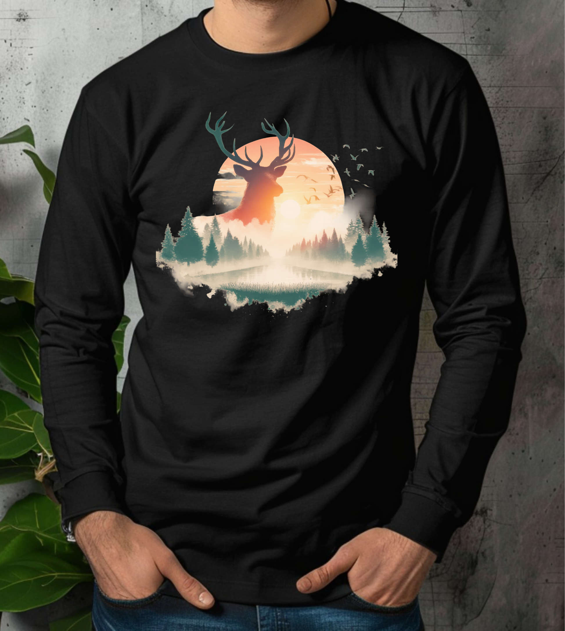 On the front of this custom unisex long sleeve shirt is beautiful landscape at dawn, there is a river in the middle with pine trees on either side, the sun is setting in the background with a large elk in the distance standing in front of the sun.