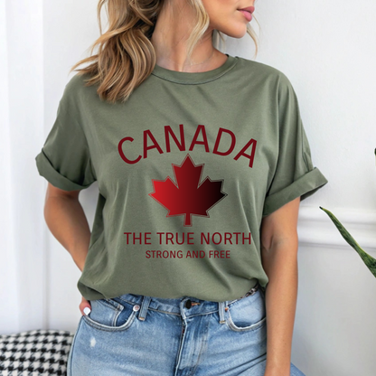 This custom Canadian made unisex custom t-shirt features the words Canada and The true North Strong And Free along with a maple leaf design in red, giving off a patriotic and Canadian vibe.