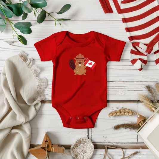 On the front of this custom baby Onesie® is an image of a beaver with a western hat on waving a Canadian flag.