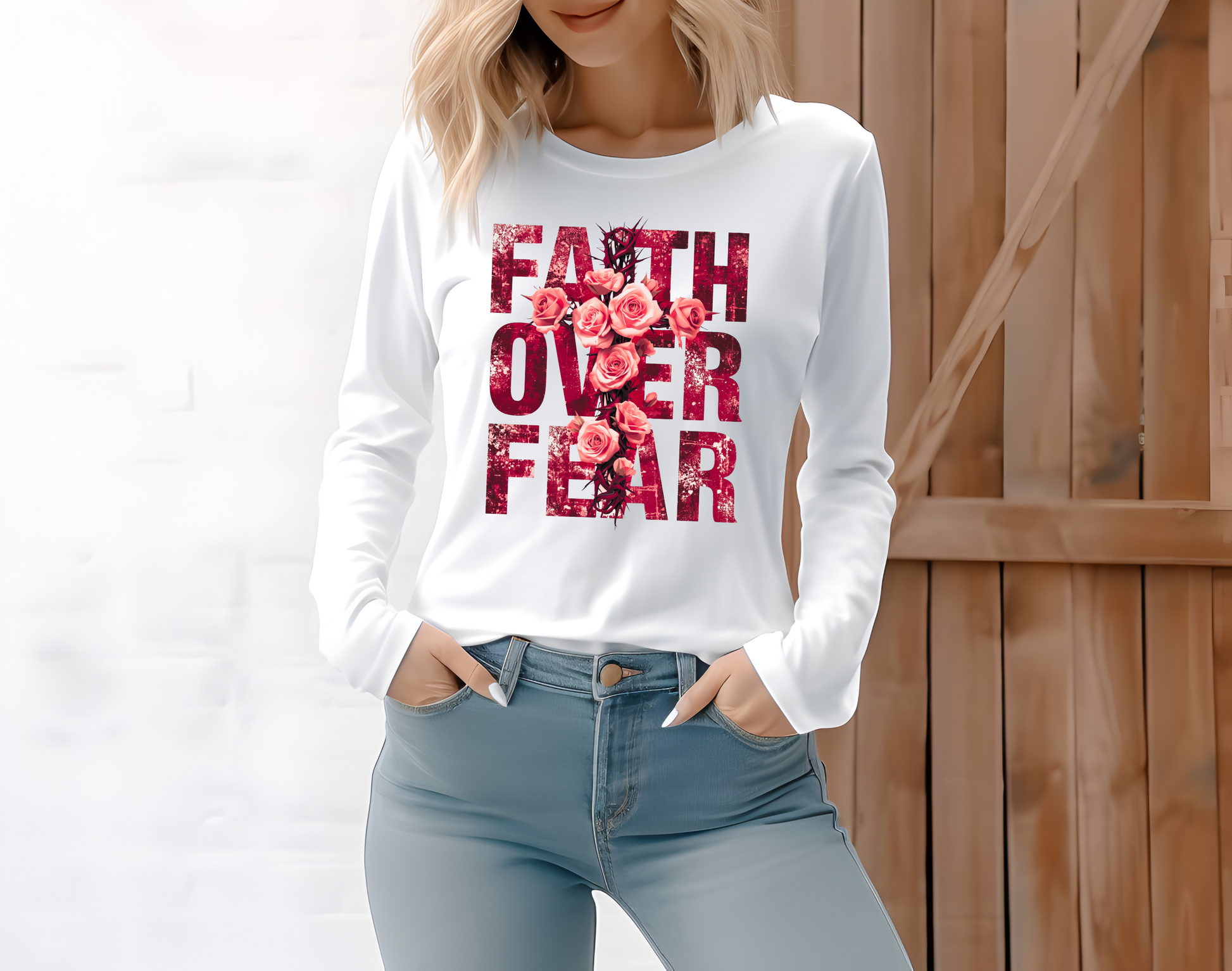 On the front of this Christian vintage long sleeve shirt are the words Faith Over Fear in large block letters with a cross made of thorns in the middle that is covered in roses.