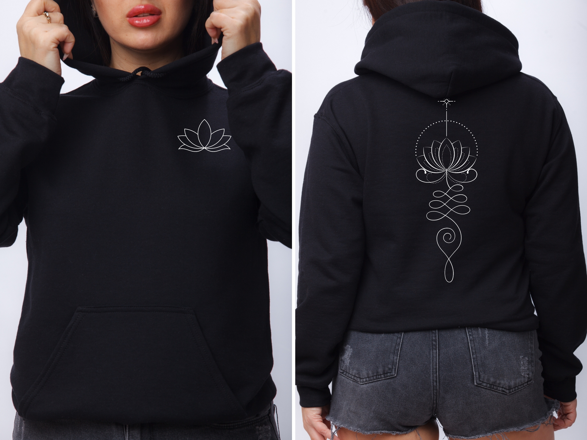 On the back of this custom women's hoodie is a unalome design with a lotus flower in the center of it, the design takes up the entire back of the hoodie from the top to the bottom, on the from of the hoodie, over the left chest is a image of a lotus flower.