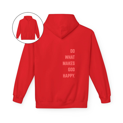 On the back of this Christian hoodie along the right side are the words Do what makes God Happy, every different color of hoodie has a different color of font.