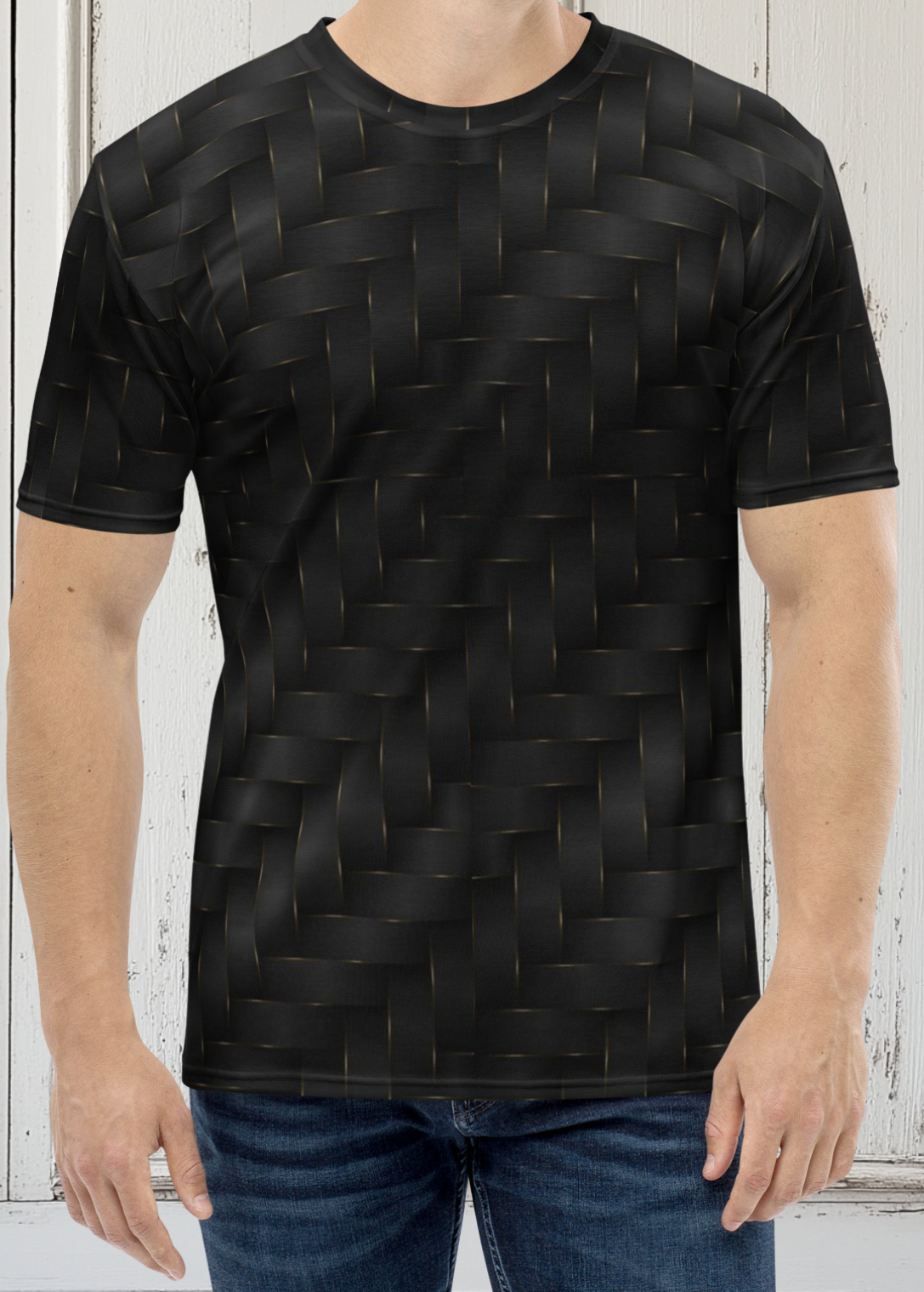 This completely custom men's handmade short sleeve tee has a black and gold ribbon pattern that crisscrosses all over the shirt.