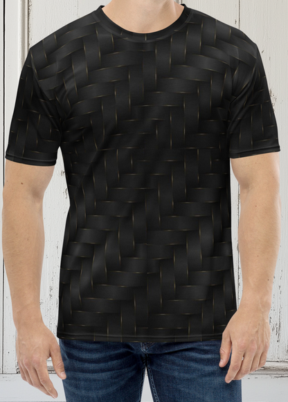 This completely custom men's handmade short sleeve tee has a black and gold ribbon pattern that crisscrosses all over the shirt.