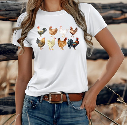 On the front of this custom unisex short sleeve shirt are two rows of chickens, each chicken is different with different color feathers.