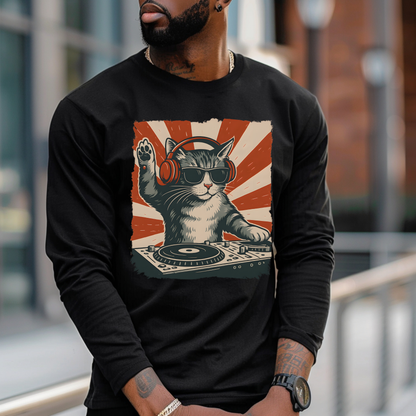 On the front of this custom retro long sleeve shirt is a DJ playing music, except the DJ is a cat that is wearing headphones, there is a vintage red and ivory background behind the cat.