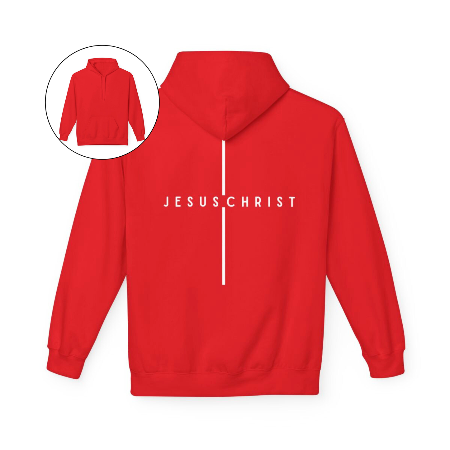 On the back of this custom Christian hoodie is the name Jesus Christ with a line above and below the name making it look like a cross.